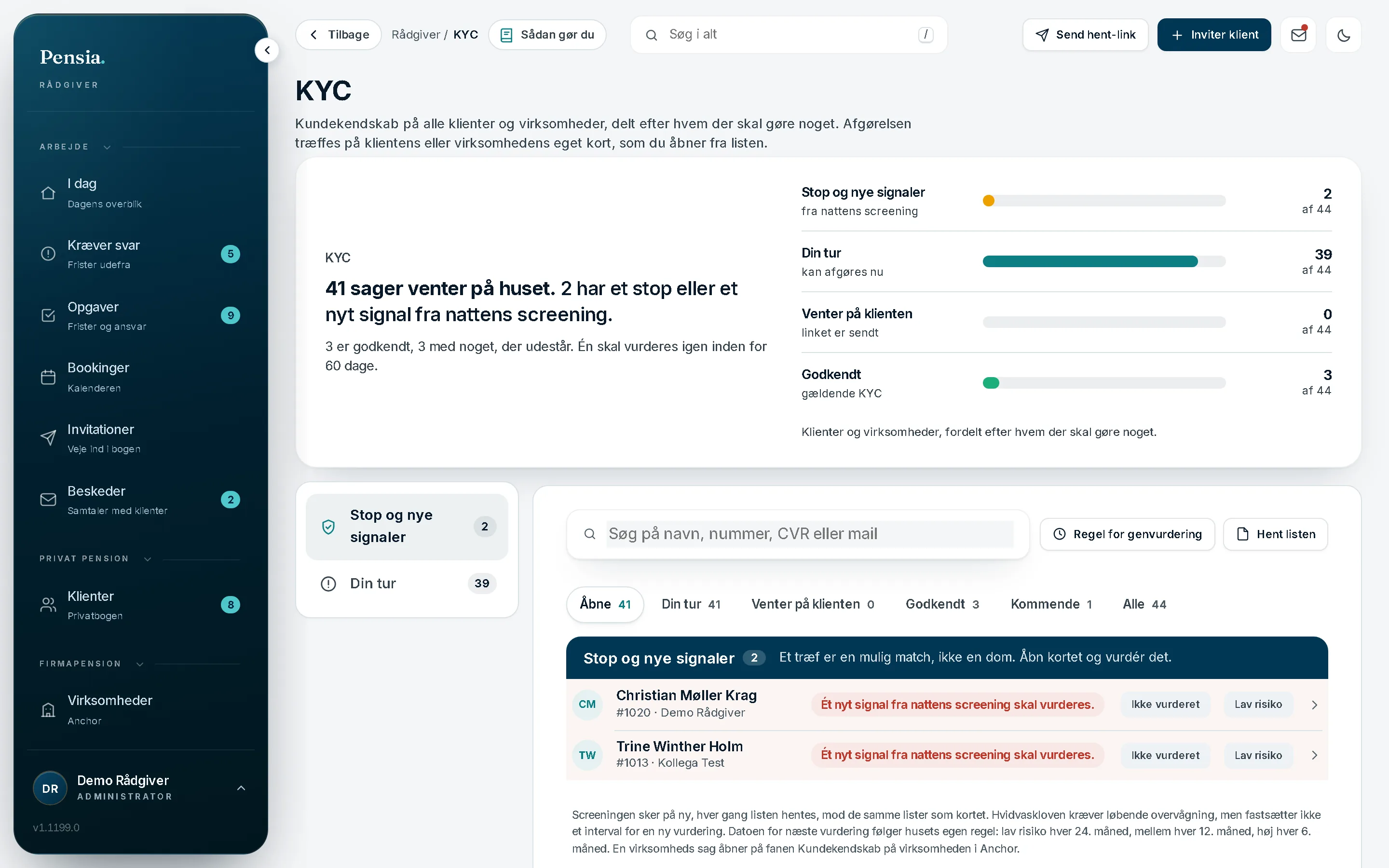 KYC i platformen: kundekendskab på alle klienter, med det der mangler og det der er udestående.